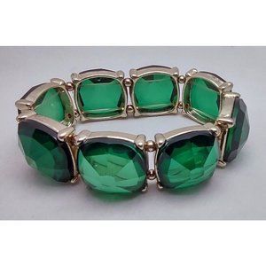 Vintage Bracelet Chunky Green and Gold Tone Elastic Band
